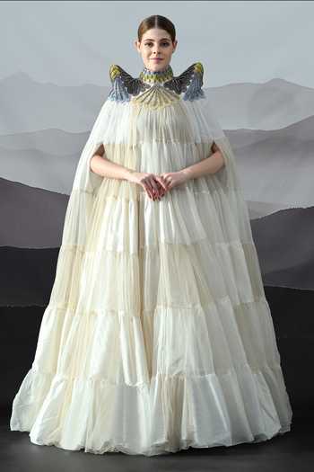 Buy_Samant Chauhan_Ivory Organza Embroidery, Metallic Thread High Neck Placed Gown _at_Aza_Fashions