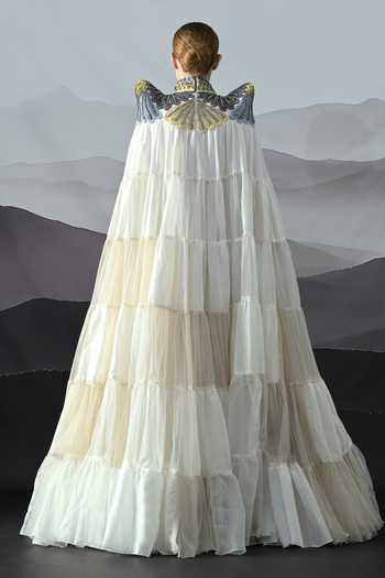 Shop_Samant Chauhan_Ivory Organza Embroidery, Metallic Thread High Neck Placed Gown _at_Aza_Fashions