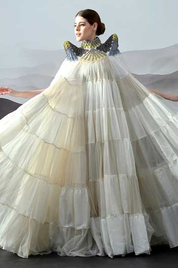 Shop_Samant Chauhan_Ivory Organza Embroidery, Metallic Thread High Neck Placed Gown _Online_at_Aza_Fashions