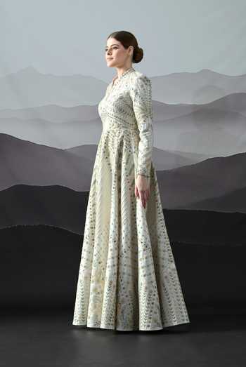 Buy_Samant Chauhan_Ivory Silk, Cotton Embroidery, Zari Mandarin Collar, Keyhole Neck Hand Gown _Online_at_Aza_Fashions