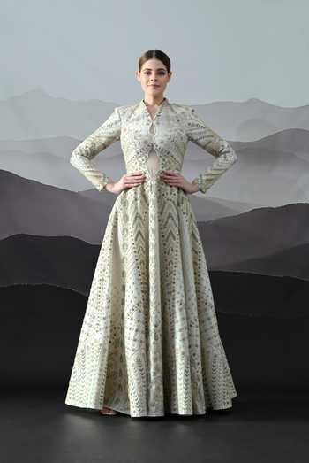 Buy_Samant Chauhan_Ivory Silk, Cotton Embroidery, Zari Mandarin Collar, Keyhole Neck Hand Gown _at_Aza_Fashions