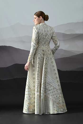 Shop_Samant Chauhan_Ivory Silk, Cotton Embroidery, Zari Mandarin Collar, Keyhole Neck Hand Gown _at_Aza_Fashions