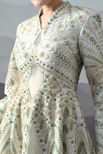 Buy_Samant Chauhan_Ivory Silk, Cotton Embroidery, Zari Mandarin Collar, Keyhole Neck Hand Gown 