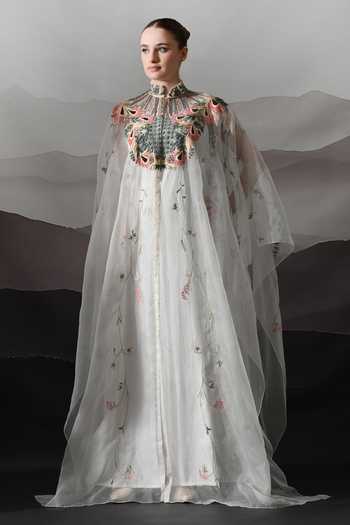 Buy_Samant Chauhan_Ivory Cotton, Organza Mandarin Collar, High Neck Floral Embroidered Kaftan Gown _at_Aza_Fashions