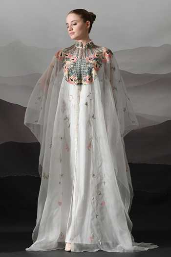 Samant Chauhan_Ivory Cotton, Organza Mandarin Collar, High Neck Floral Embroidered Kaftan Gown _Online_at_Aza_Fashions