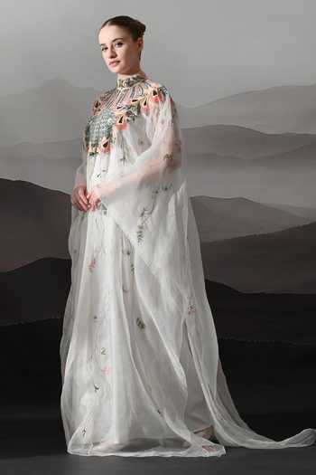 Buy_Samant Chauhan_Ivory Cotton, Organza Mandarin Collar, High Neck Floral Embroidered Kaftan Gown _Online_at_Aza_Fashions