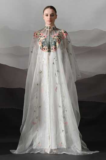 Shop_Samant Chauhan_Ivory Cotton, Organza Mandarin Collar, High Neck Floral Embroidered Kaftan Gown _Online_at_Aza_Fashions
