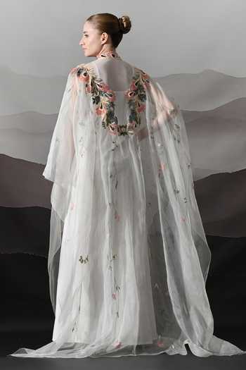 Shop_Samant Chauhan_Ivory Cotton, Organza Mandarin Collar, High Neck Floral Embroidered Kaftan Gown _at_Aza_Fashions