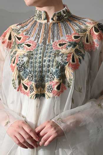 Samant Chauhan_Ivory Cotton, Organza Mandarin Collar, High Neck Floral Embroidered Kaftan Gown _at_Aza_Fashions