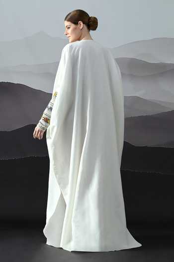 Shop_Samant Chauhan_Ivory Cotton, Linen Split V-neck Hand Embroidered Kaftan _at_Aza_Fashions