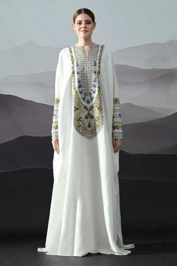 Samant Chauhan_Ivory Cotton, Linen Split V-neck Hand Embroidered Kaftan _Online_at_Aza_Fashions