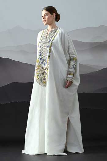 Buy_Samant Chauhan_Ivory Cotton, Linen Split V-neck Hand Embroidered Kaftan _Online_at_Aza_Fashions