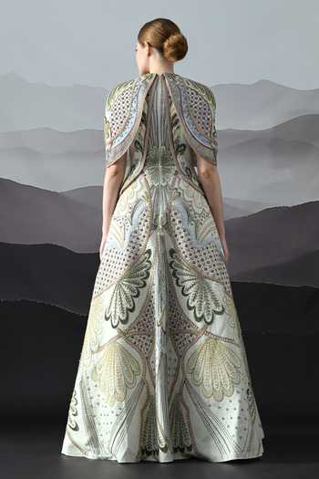 Shop_Samant Chauhan_Ivory Silk, Cotton, Organza, Linen Embroidery High Neck Couture Gown _at_Aza_Fashions