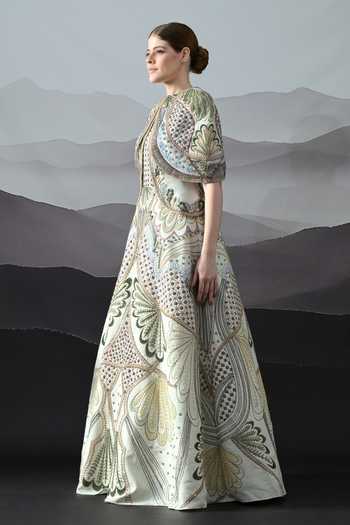Samant Chauhan_Ivory Silk, Cotton, Organza, Linen Embroidery High Neck Couture Gown _Online_at_Aza_Fashions