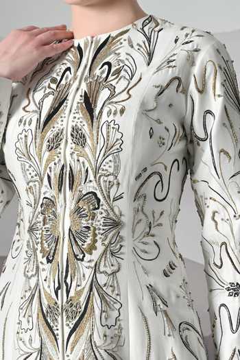 Samant Chauhan_Ivory Silk, Cotton Metallic Thread Round Neck Embroidered Gown _Online_at_Aza_Fashions