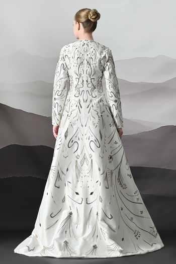 Shop_Samant Chauhan_Ivory Silk, Cotton Metallic Thread Round Neck Embroidered Gown _at_Aza_Fashions