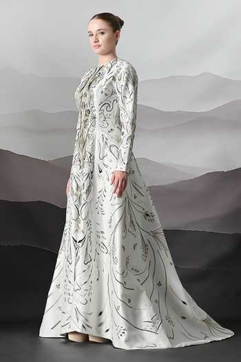 Buy_Samant Chauhan_Ivory Silk, Cotton Metallic Thread Round Neck Embroidered Gown _Online_at_Aza_Fashions
