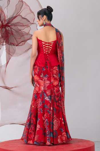 Vesture_Red Silk, Organza, Taffeta Bandeau Neck Aagni Print Fish Cut Skirt Set _Online_at_Aza_Fashions