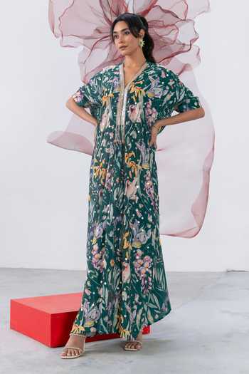 Shop_Vesture_Emerald Green Crepe V-neck Aarzoo Embellished Kaftan Dress _Online_at_Aza_Fashions