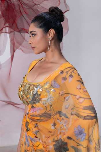 Shop_Vesture_Yellow Lycra, Mesh Sweetheart Adaa Floral Print Pre-draped Saree With Blouse _Online_at_Aza_Fashions