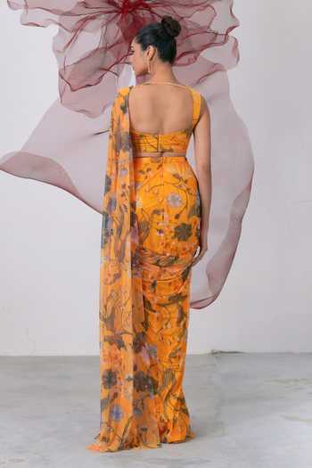 Vesture_Yellow Lycra, Mesh Sweetheart Adaa Floral Print Pre-draped Saree With Blouse _Online_at_Aza_Fashions