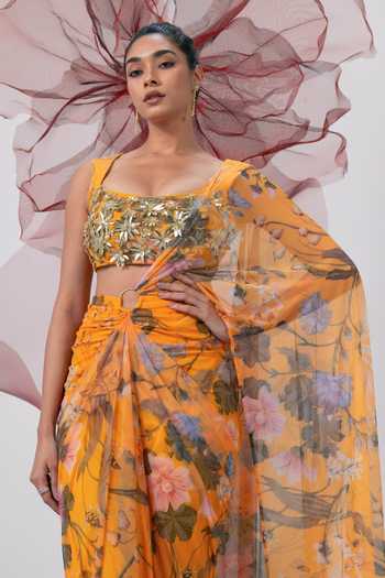 Shop_Vesture_Yellow Lycra, Mesh Sweetheart Adaa Floral Print Pre-draped Saree With Blouse 