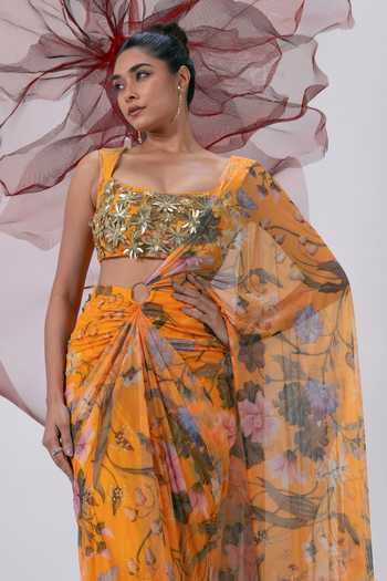 Vesture_Yellow Lycra, Mesh Sweetheart Adaa Floral Print Pre-draped Saree With Blouse _Online