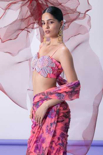 Vesture_Pink Lycra, Mesh Sweetheart Neck Bawri Print Pre-draped Saree With Blouse _at_Aza_Fashions