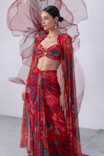 Buy_Vesture_Red Lycra, Mesh Bandeau Neck Bijli Floral Print Cape And Draped Skirt Set _Online_at_Aza_Fashions