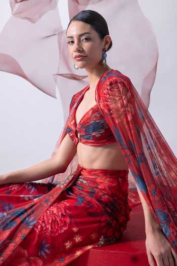Shop_Vesture_Red Lycra, Mesh Bandeau Neck Bijli Floral Print Cape And Draped Skirt Set _Online_at_Aza_Fashions