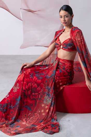Vesture_Red Lycra, Mesh Bandeau Neck Bijli Floral Print Cape And Draped Skirt Set _at_Aza_Fashions