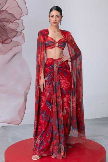 Buy_Vesture_Red Lycra, Mesh Bandeau Neck Bijli Floral Print Cape And Draped Skirt Set 