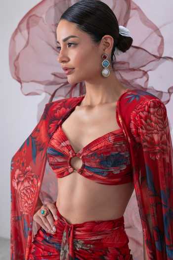 Shop_Vesture_Red Lycra, Mesh Bandeau Neck Bijli Floral Print Cape And Draped Skirt Set 