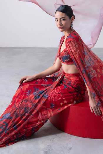 Vesture_Red Lycra, Mesh Bandeau Neck Bijli Floral Print Cape And Draped Skirt Set _Online