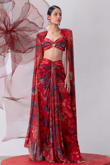 Buy_Vesture_Red Lycra, Mesh Bandeau Neck Bijli Floral Print Cape And Draped Skirt Set _Online
