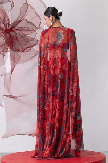 Vesture_Red Lycra, Mesh Bandeau Neck Bijli Floral Print Cape And Draped Skirt Set _Online_at_Aza_Fashions