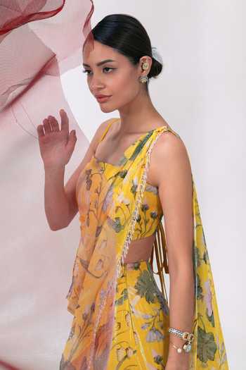 Buy_Vesture_Yellow Chiffon, Lurex One Shoulder Chameli Printed Pre-draped Saree With Blouse 