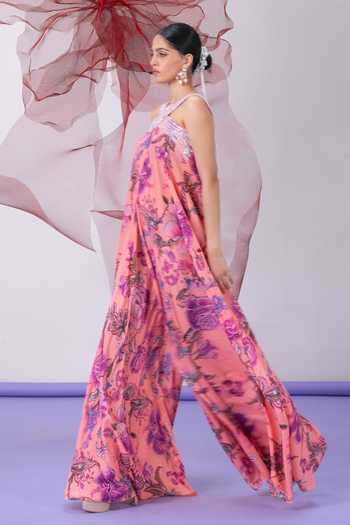 Vesture_Pink Chhalia Print Halter Neck Jumpsuit _Online_at_Aza_Fashions