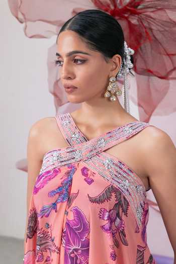 Vesture_Pink Chhalia Print Halter Neck Jumpsuit _at_Aza_Fashions