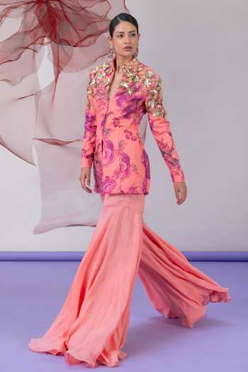 Buy_Vesture_Peach Crepe Mandarin Collar Chingari Print Jacket And Gharara Set _Online_at_Aza_Fashions