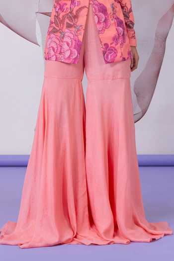 Shop_Vesture_Peach Crepe Mandarin Collar Chingari Print Jacket And Gharara Set _Online_at_Aza_Fashions