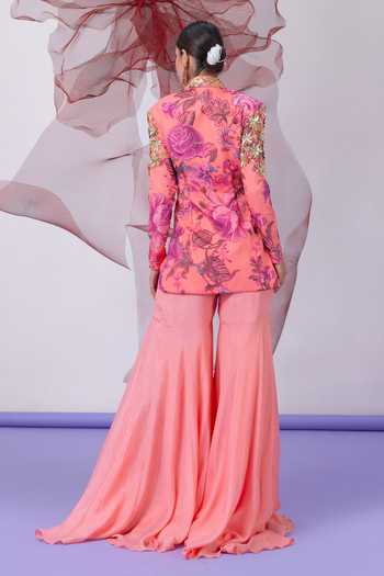Vesture_Peach Crepe Mandarin Collar Chingari Print Jacket And Gharara Set _Online_at_Aza_Fashions