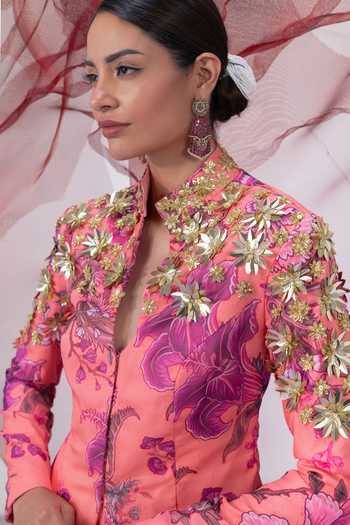Vesture_Peach Crepe Mandarin Collar Chingari Print Jacket And Gharara Set _Online
