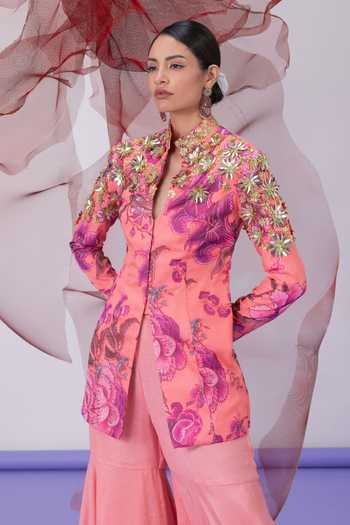 Buy_Vesture_Peach Crepe Mandarin Collar Chingari Print Jacket And Gharara Set _Online