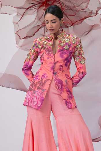Shop_Vesture_Peach Crepe Mandarin Collar Chingari Print Jacket And Gharara Set _Online