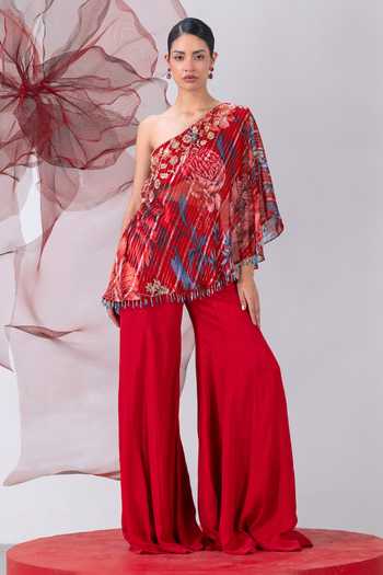 Buy_Vesture_Red Crepe, Chiffon, Lurex One Shoulder Dhadak Print Top With Sharara _Online_at_Aza_Fashions