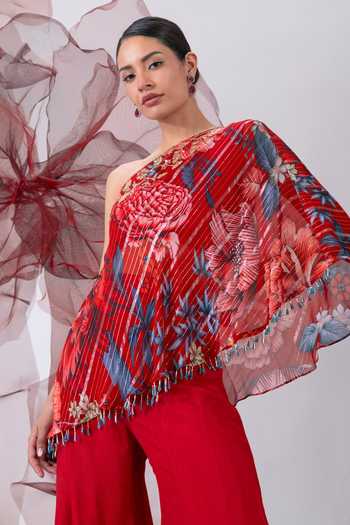 Shop_Vesture_Red Crepe, Chiffon, Lurex One Shoulder Dhadak Print Top With Sharara _Online_at_Aza_Fashions