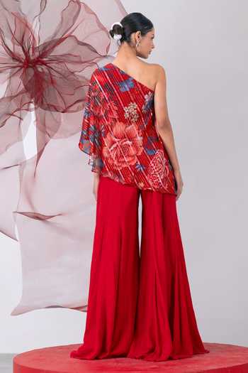 Vesture_Red Crepe, Chiffon, Lurex One Shoulder Dhadak Print Top With Sharara _Online_at_Aza_Fashions