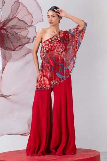 Buy_Vesture_Red Crepe, Chiffon, Lurex One Shoulder Dhadak Print Top With Sharara _at_Aza_Fashions