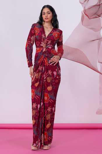 Shop_Vesture_Maroon Mesh Plunge Neck Falak Front Slit Print Gown _Online_at_Aza_Fashions